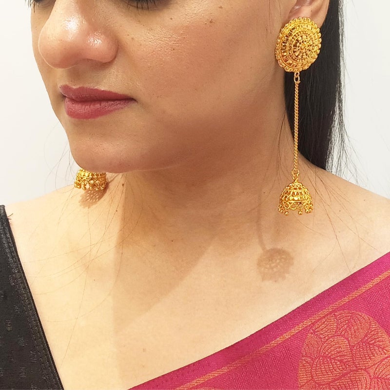 Efulgenz Indian Bollywood Jewelry 14K Gold Plated Dangling Earring with Layered Jhumka Tassels Ear Support Chain Hair Accessory Gold - Image 3